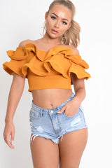 Mustard Extreme Ruffle Bandeau Crop Top - Wilhelmina-Tops