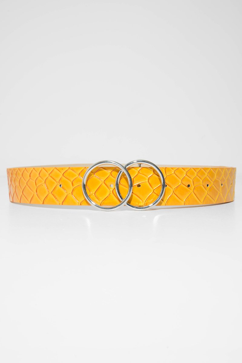 Mustard Faux Croc PU Double Circle Buckle Belt - Tansy-Belts