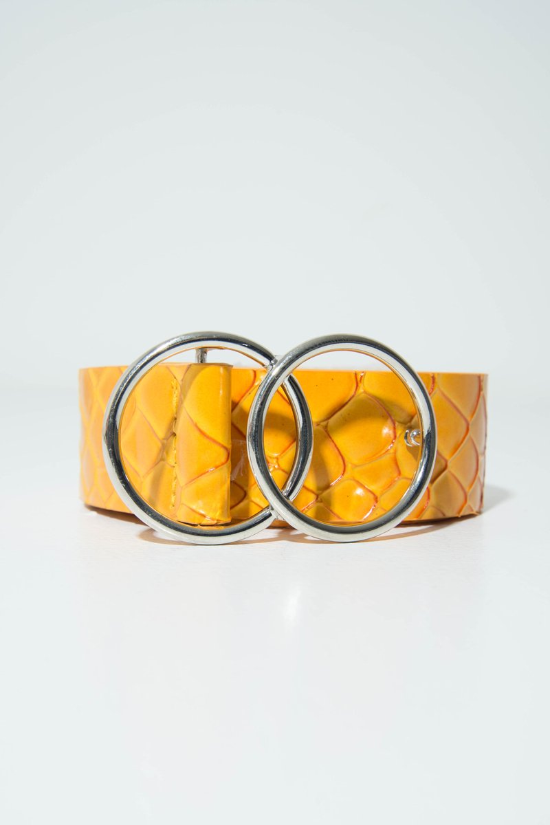 Mustard Faux Croc PU Double Circle Buckle Belt - Tansy-Belts