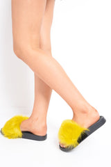 Mustard Faux Fur Feather Sliders - Aalyssa-Sliders