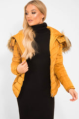 Mustard Faux Fur Hood Gold Detail Puffer Coat - Rylah-Coats