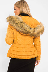 Mustard Faux Fur Hood Gold Detail Puffer Coat - Rylah-Coats