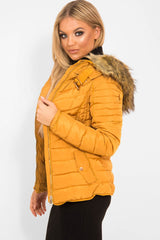 Mustard Faux Fur Hood Gold Detail Puffer Coat - Rylah-Coats