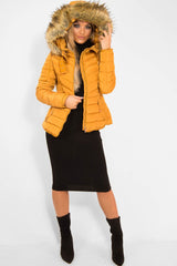 Mustard Faux Fur Hood Gold Detail Puffer Coat - Rylah-Coats