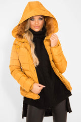 Mustard Faux Fur Trim Hood Padded Coat - Jessabelle-Coats