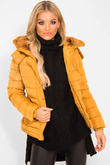 Mustard Faux Fur Trim Hood Padded Coat - Jessabelle-Coats
