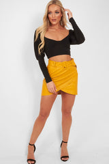 Mustard Faux Leather Belted Wrap Mini Skirt - Skye-Skirts