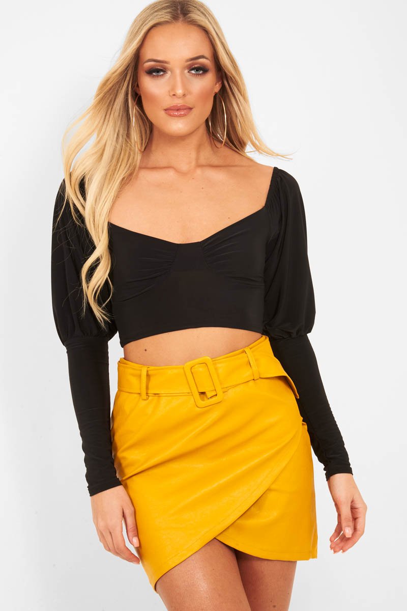 Mustard Faux Leather Belted Wrap Mini Skirt - Skye-Skirts