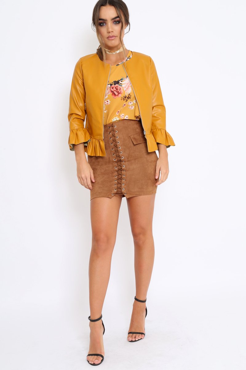 Mustard Faux Leather Frill Hem Jacket - Cherrie-Jackets