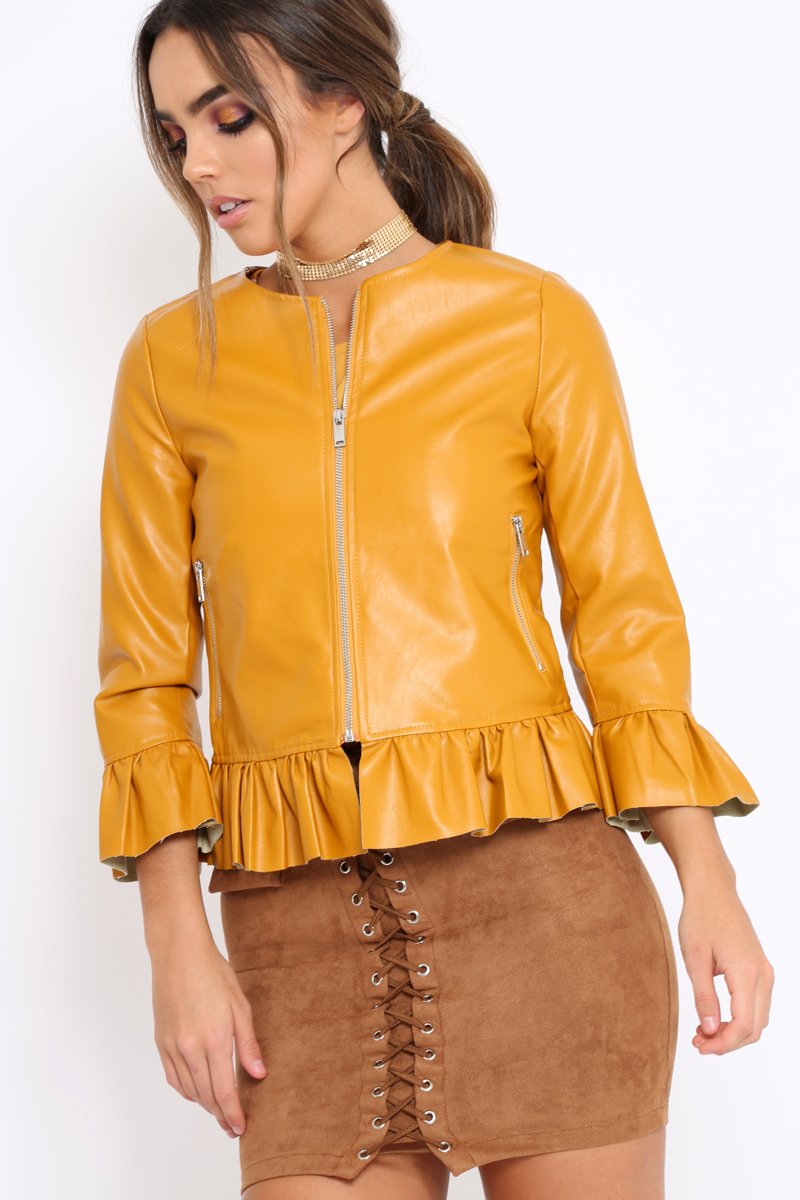 Mustard Faux Leather Frill Hem Jacket - Cherrie-Jackets