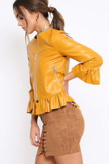 Mustard Faux Leather Frill Hem Jacket - Cherrie-Jackets