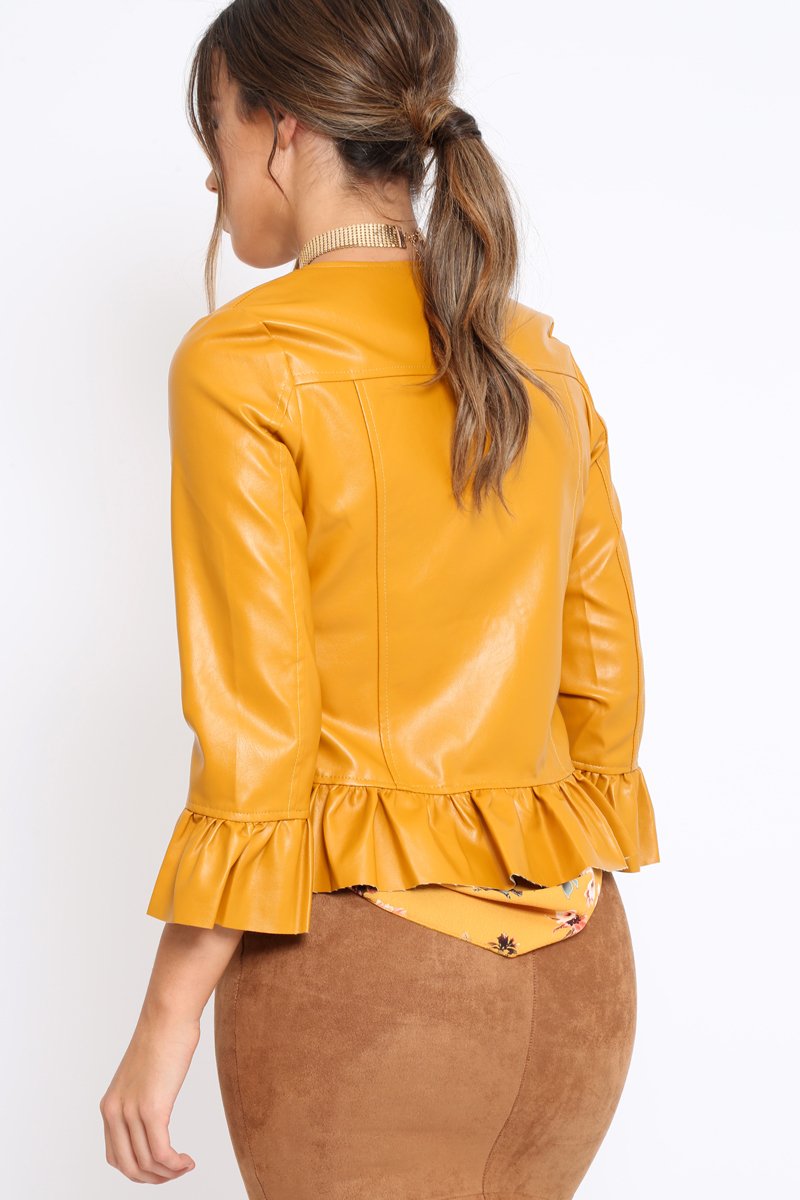 Mustard Faux Leather Frill Hem Jacket - Cherrie-Jackets