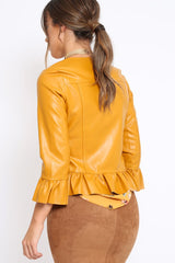 Mustard Faux Leather Frill Hem Jacket - Cherrie-Jackets