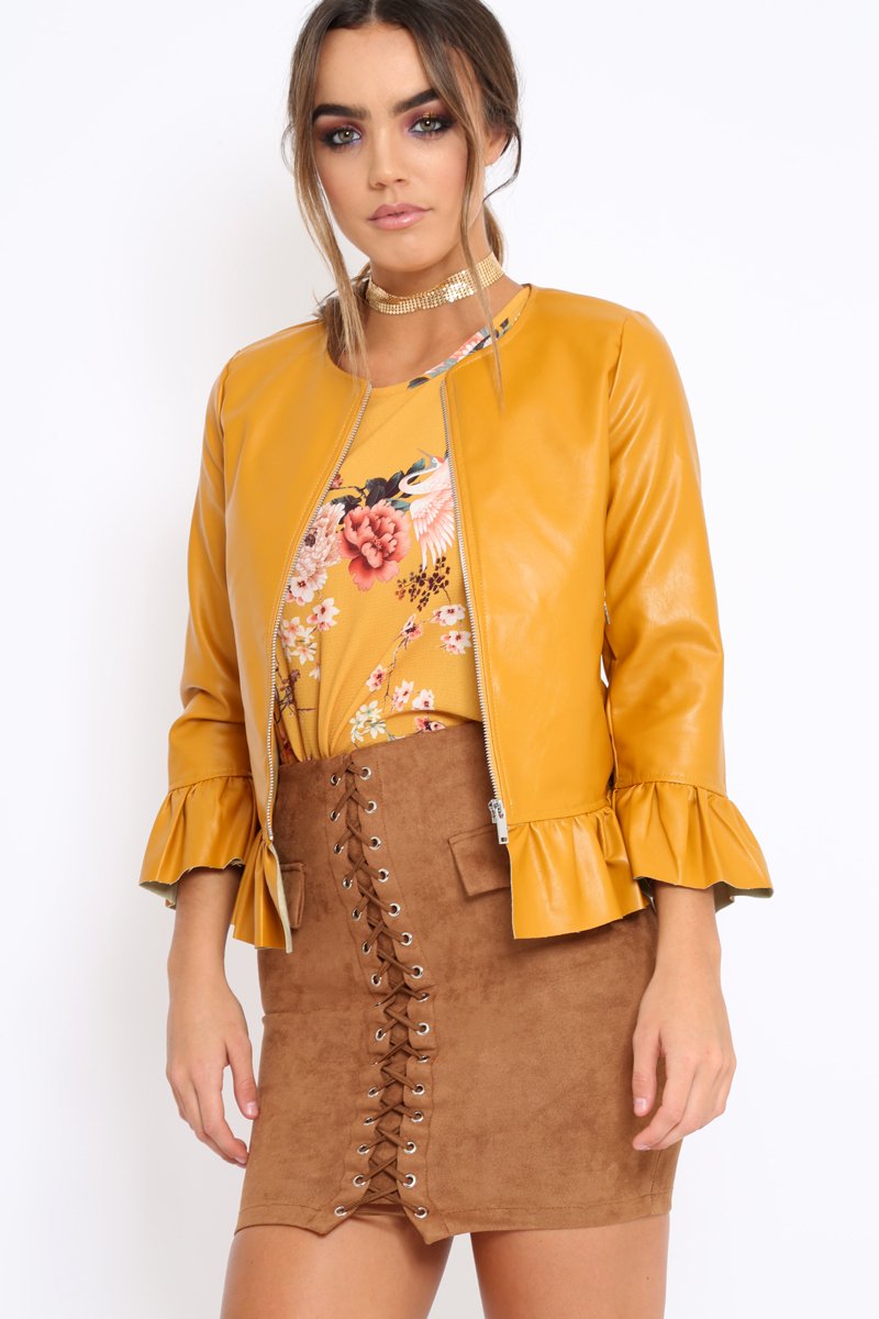 Mustard Faux Leather Frill Hem Jacket - Cherrie-Jackets