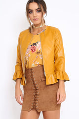 Mustard Faux Leather Frill Hem Jacket - Cherrie-Jackets
