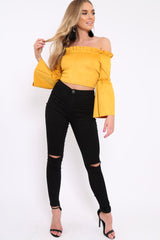 Mustard Faux Suede Crop Bardot Top - Torri-Crop Tops