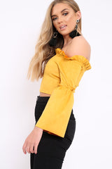 Mustard Faux Suede Crop Bardot Top - Torri-Crop Tops