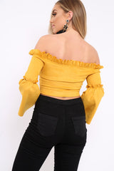 Mustard Faux Suede Crop Bardot Top - Torri-Crop Tops