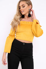 Mustard Faux Suede Crop Bardot Top - Torri-Crop Tops