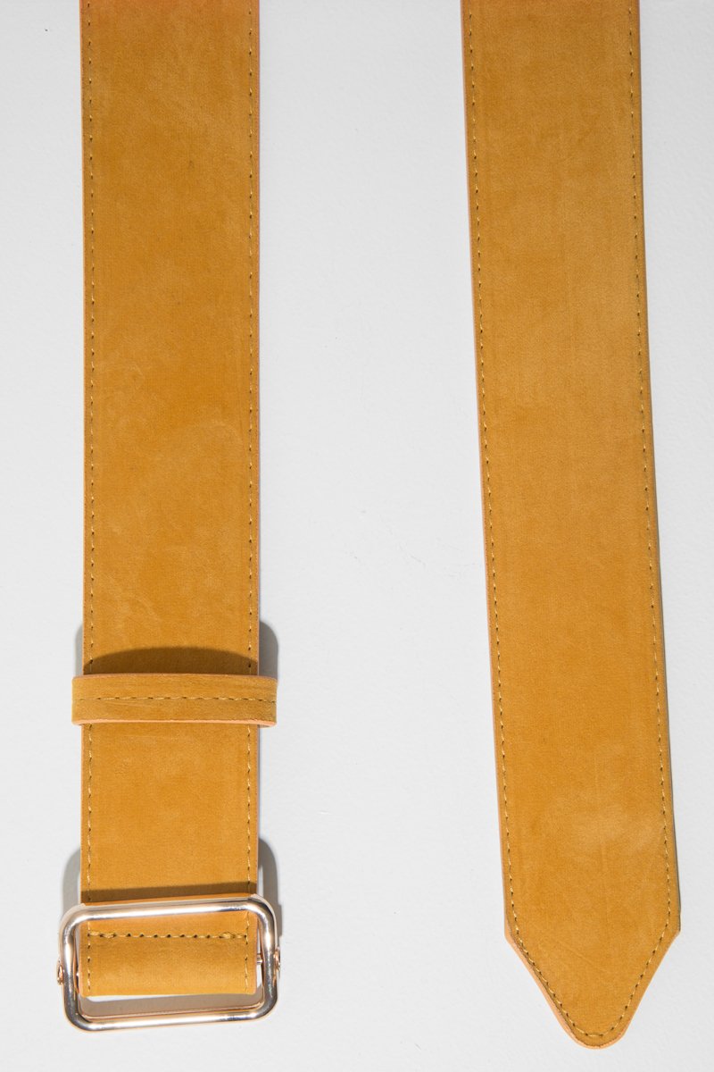 Mustard Faux Suede Gold Buckle Wide Belt - Tammie-Belts