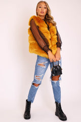 Mustard Faux leather and Fur Gilet - Felicia-Faux Fur
