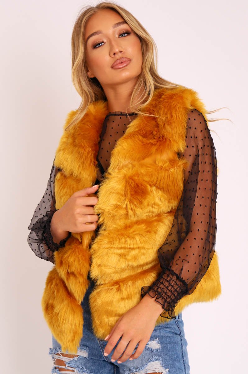 Mustard Faux leather and Fur Gilet - Felicia-Faux Fur