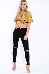 Mustard Floral Bardot Crop Top - Justine-Tops