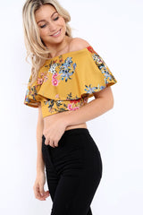 Mustard Floral Bardot Crop Top - Justine-Tops