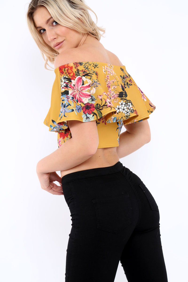 Mustard Floral Bardot Crop Top - Justine-Tops