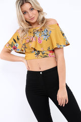 Mustard Floral Bardot Crop Top - Justine-Tops