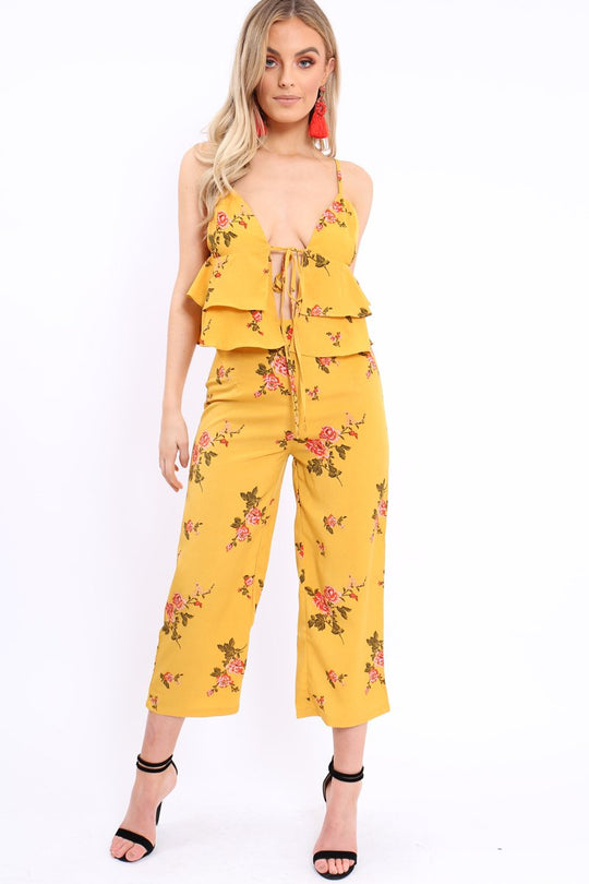 Mustard Floral Bralet and Cropped Pants Co-ord - Faria