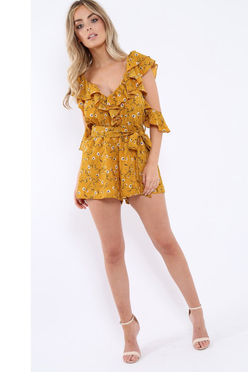 Mustard Floral Cold Shoulder Playsuit - Arlene-Playsuits