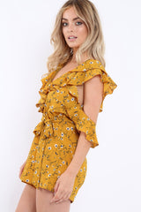 Mustard Floral Cold Shoulder Playsuit - Arlene-Playsuits