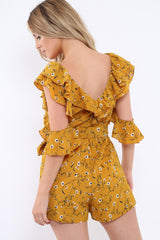 Mustard Floral Cold Shoulder Playsuit - Arlene-Playsuits