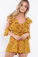 Mustard Floral Cold Shoulder Playsuit - Arlene-Playsuits