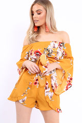 Mustard Floral Crop Top and Shorts Co-ord - Teigan-Co-ords