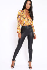 Mustard Floral Plunge Satin Bodysuit - Rebeka-Bodysuits