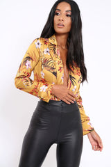 Mustard Floral Plunge Satin Bodysuit - Rebeka-Bodysuits