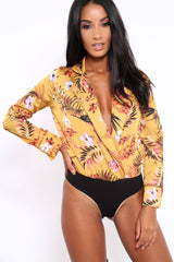 Mustard Floral Plunge Satin Bodysuit - Rebeka-Bodysuits