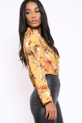 Mustard Floral Plunge Satin Bodysuit - Rebeka-Bodysuits