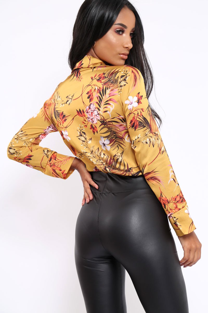 Mustard Floral Plunge Satin Bodysuit - Rebeka-Bodysuits