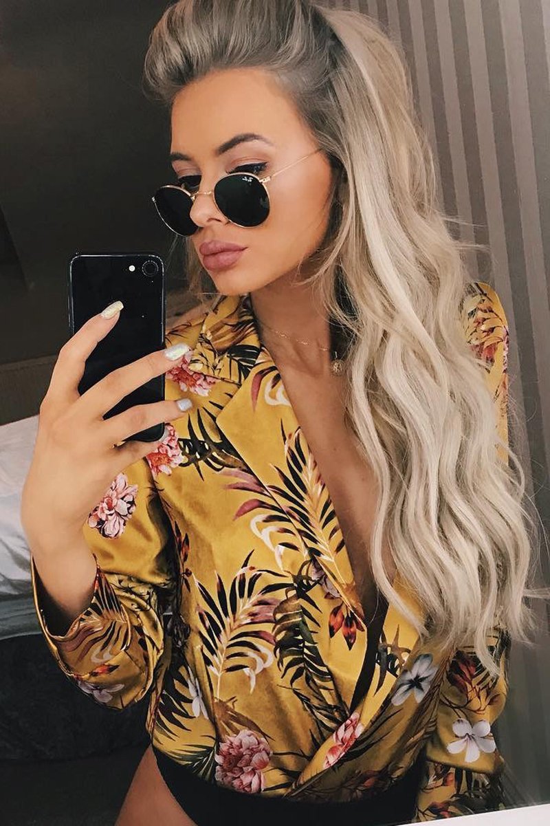 Mustard Floral Plunge Satin Bodysuit - Rebeka-Bodysuits