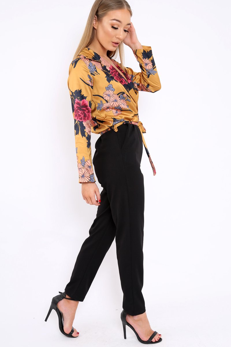 Mustard Floral Plunge Satin Wrap Front Jumpsuit - Talulah-Jumpsuits