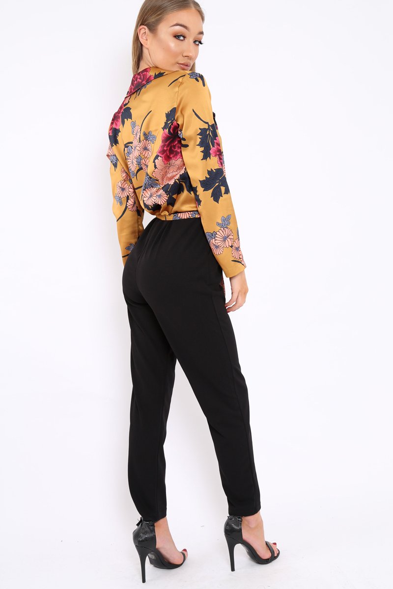 Mustard Floral Plunge Satin Wrap Front Jumpsuit - Talulah-Jumpsuits
