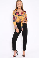 Mustard Floral Plunge Satin Wrap Front Jumpsuit - Talulah-Jumpsuits