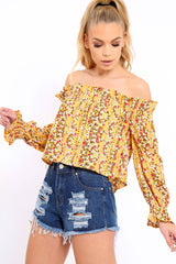 Mustard Floral Print Bardot Frill Crop Top - Rayna-Crop Tops