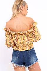 Mustard Floral Print Bardot Frill Crop Top - Rayna-Crop Tops