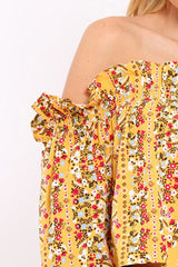 Mustard Floral Print Bardot Frill Crop Top - Rayna-Crop Tops