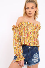 Mustard Floral Print Bardot Frill Crop Top - Rayna-Crop Tops