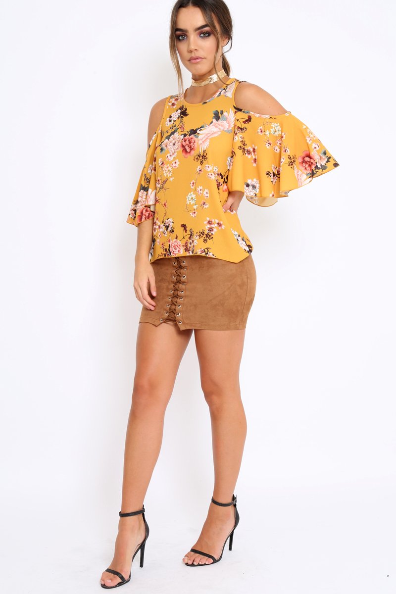 Mustard Floral Print Cold Shoulder Frill Top - Carrie-Tops
